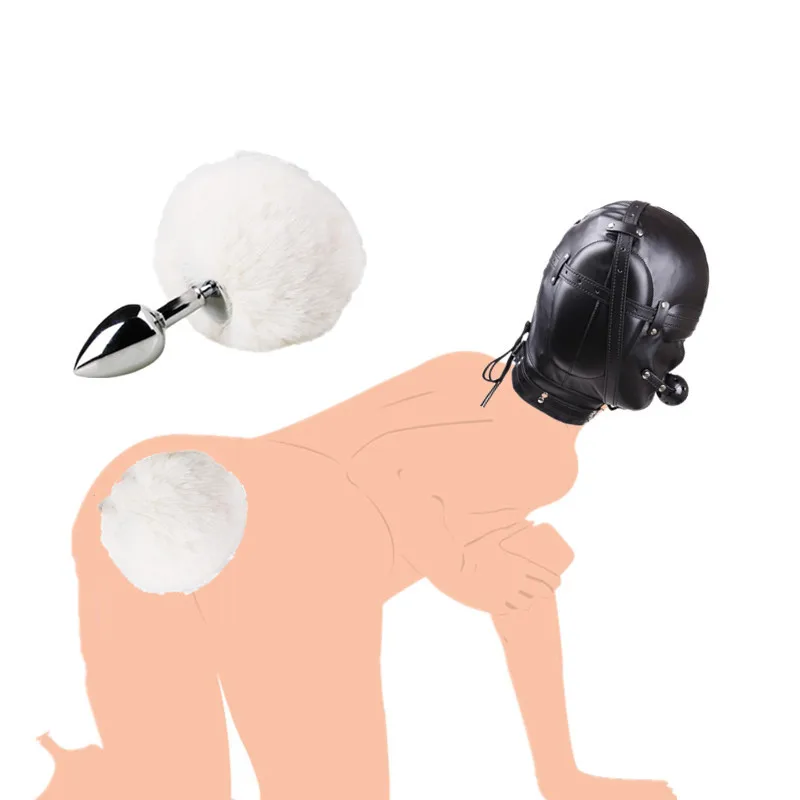 BDSM Bondage PU Leather Padded Hood Mask Eye Closed Gimp Open Mouth Head Metal Anal Plug Rabbit Tail Butt Sex Toys |