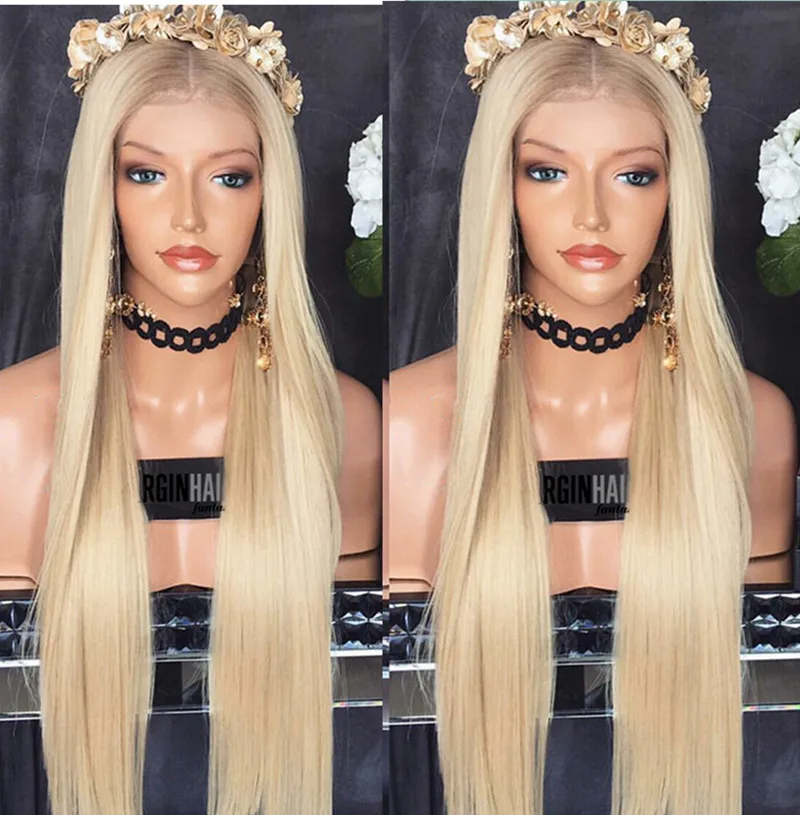 

Fashion Blonde Ombre Long Silky Straight Wig With Brown Roots Natural Blonde Synthetic Lace Front Wigs Heat Resistant Fiber Hair