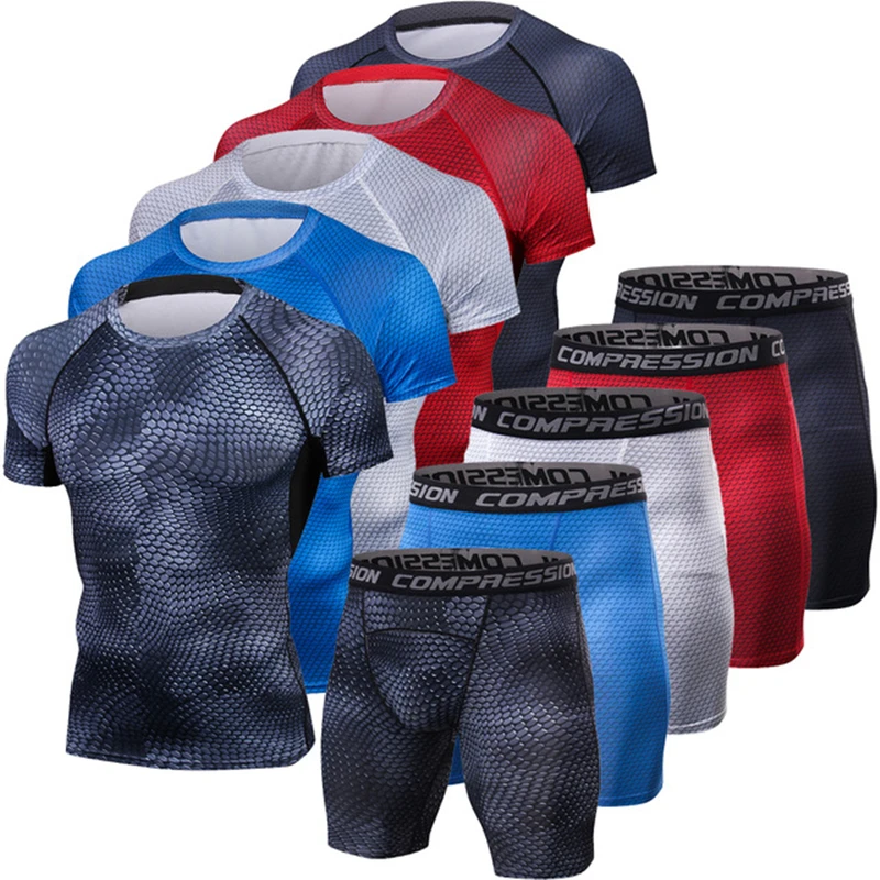 

3D Serpentine Compression Tracksuit Short Sleeve T-Shirt Sets Men Gyms Fitness Sportswear Joggers Breathable Tights Suits Men