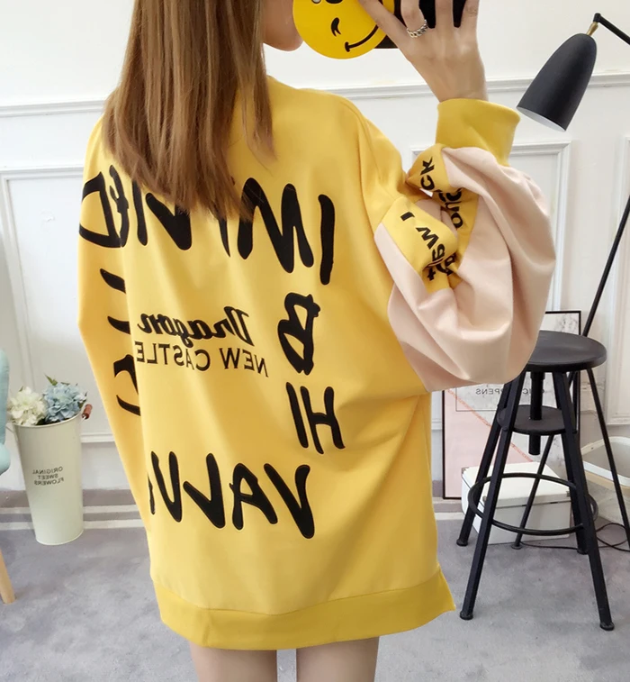Harajuku Женская Весенняя осенняя одежда новая Толстовка свободный большой размер тонкий раздел с длинными рукавами студенческая мода