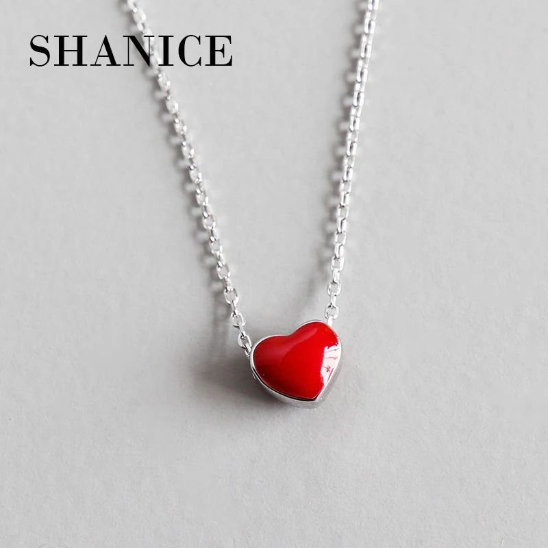 

SHANICE Real 925 Sterling Silver Necklace Women Collier Cute Tiny Red Glaze Heart Pendant Necklace For Women Girls Lady Gifts