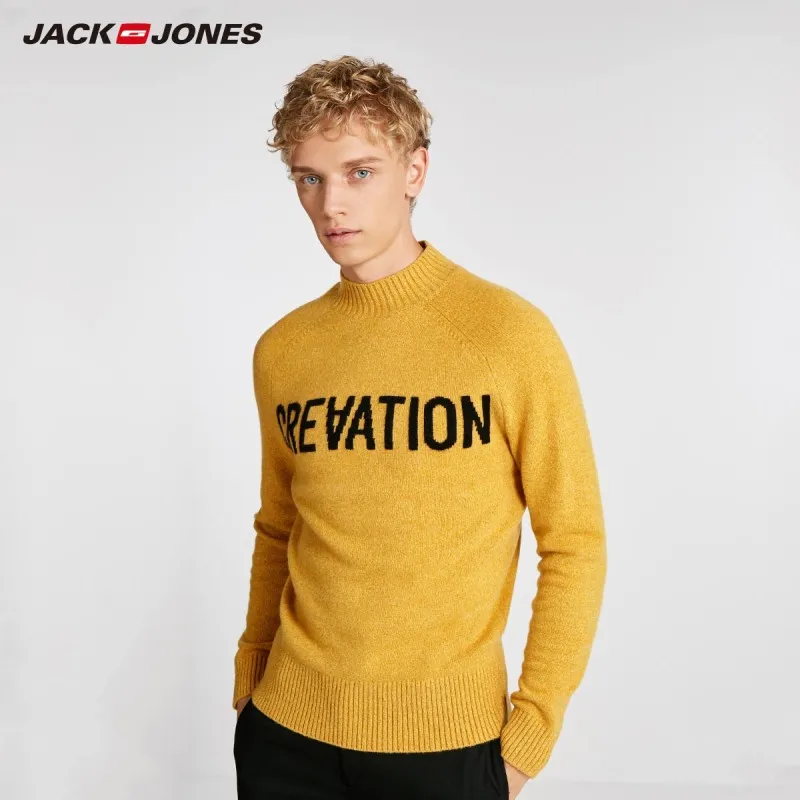 JackJones осень мужской тренд цветочный тканый Повседневный свитер Топ шерсть с буквенным принтом Мужская одежда 218324558 - Цвет: BAMBOO YELLOW