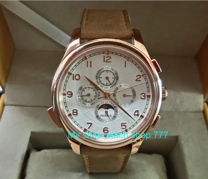 

44MM PARNIS Automatic Self-Wind movement white dial multi-funtion men's watch Mechanical watches pvd Rose gold case 296A