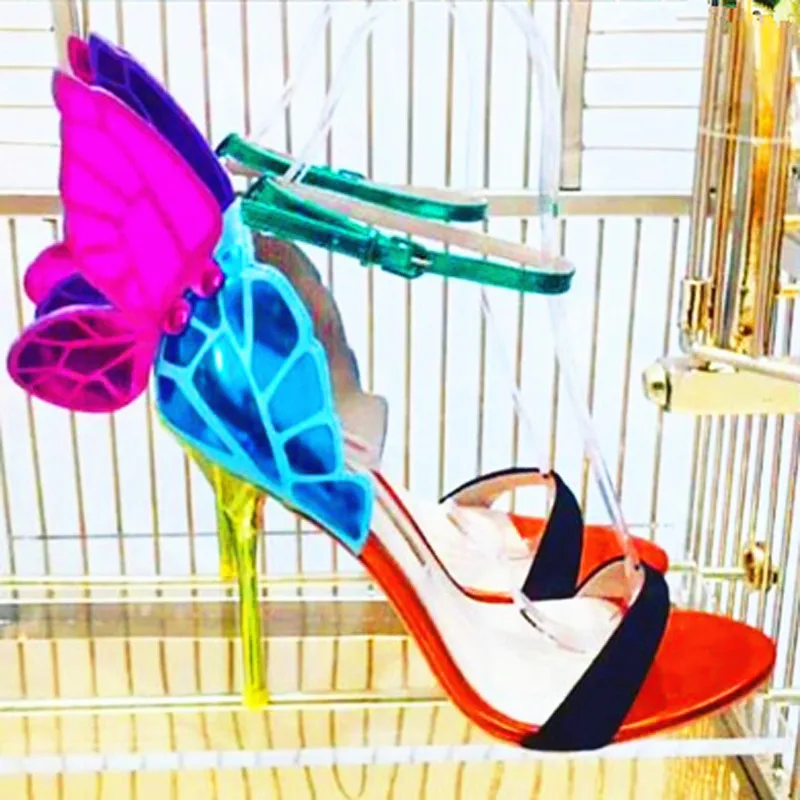 Сандалии-гладиаторы с цветочной вышивкой; женские разноцветные модные туфли на высоком каблуке с крыльями ангела-бабочки; женская свадебная обувь;
