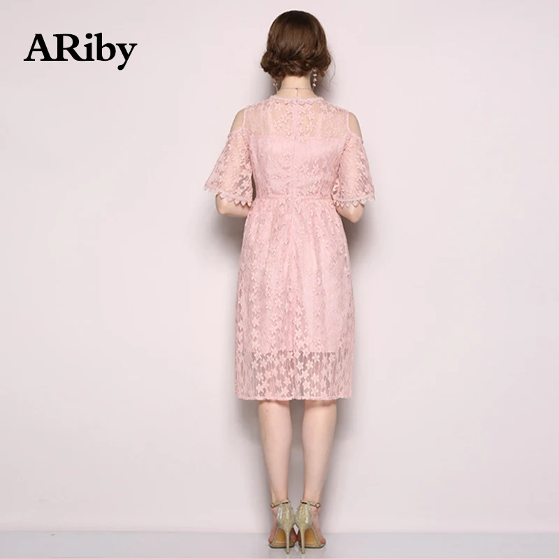 Women Dress Lace Elegant Dress 2019 Summer New Fashion Office Lady Off Shoulder Short Sleeves Slimming A-Line Hollow Out Dress