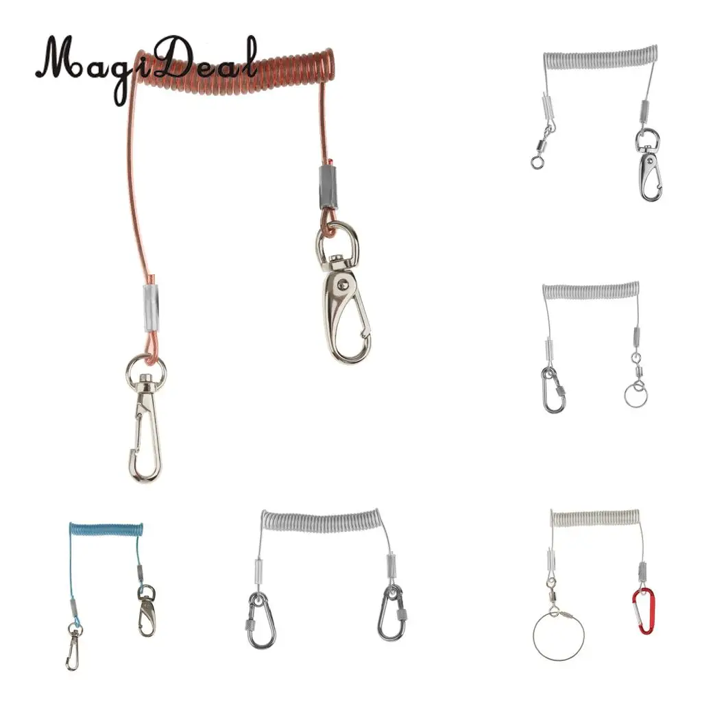 MagiDeal Durable Stainless Steel 1.6m Retractable Wire Coiled Lanyard Safety Rope With Lock Carabiners Rowing Boat Part Supplies