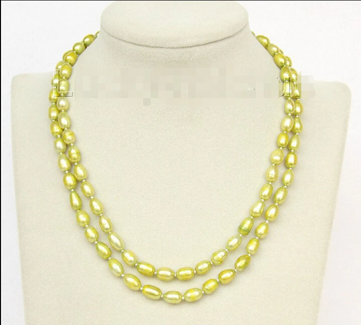 

16-17" 2row 9mm rice light green pearls necklace gold plated clasp j9956 Noble style Natural Fine jewe fast SHIPPING