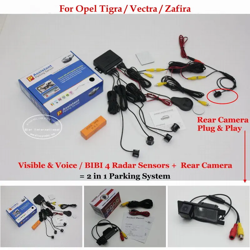 

For Opel Tigra / Vectra / Zafira - Car Parking Sensors + Rear View Camera = 2 in 1 Visible & Vioce / BIBI Alarm Parking System