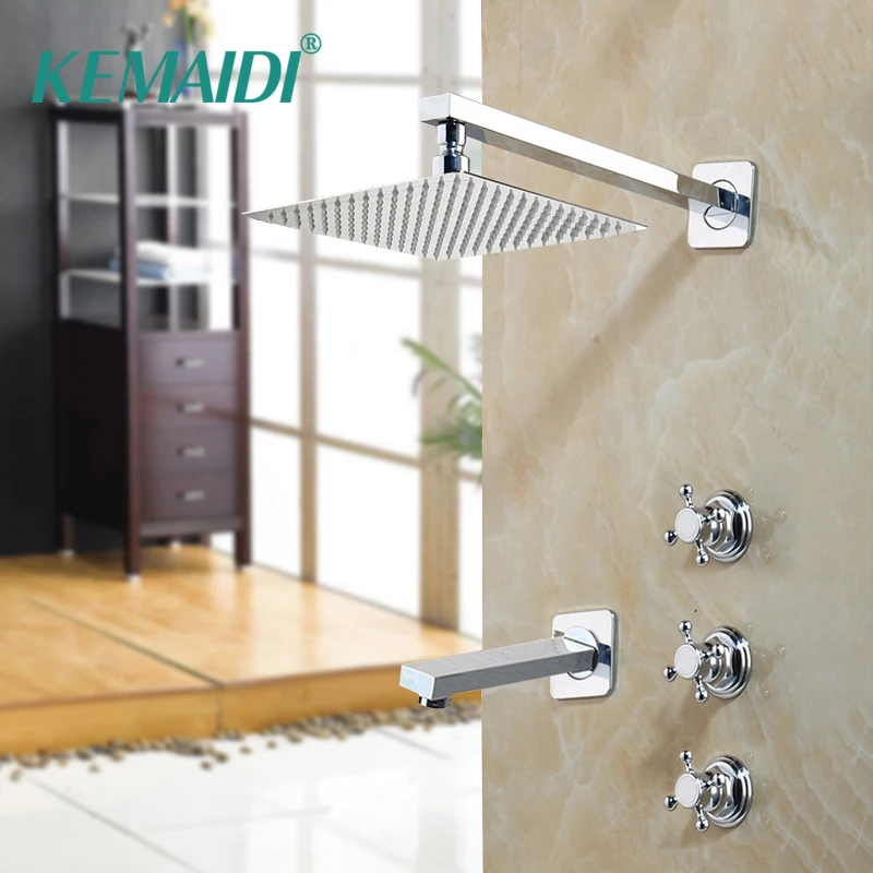 

KEMAIDI 8 10 12 16 Inch Stainless Steel Rainfall Head Bathroom Shower Set LED 2 Functions Valve Mixer Shower Set Faucet