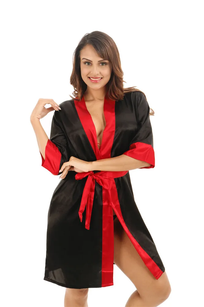 Пикантные черные сапоги Для женщин короткие атлас халат красный воротник халат кимоно юката платье Лето 2017 г. Новый Повседневное Ночная