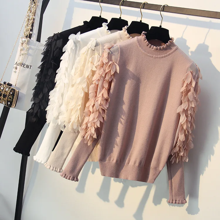 

Korean Ruffled Collar Knitted Women Sweater Spring Autumn Loose Jumper Fashion Flowers Sleeve Sweater and Pullover Femme Pull