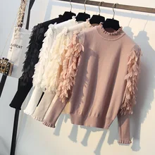 Korean Ruffled Collar Knitted Women Sweater Spring Autumn Loose Jumper Fashion Flowers Sleeve Sweater and Pullover Femme Pull Korean Ruffled Collar Knitted Women Sweater Spring Autumn Loose Jumper Fashion Flowers Sleeve Sweater and Pullover Femme Pull