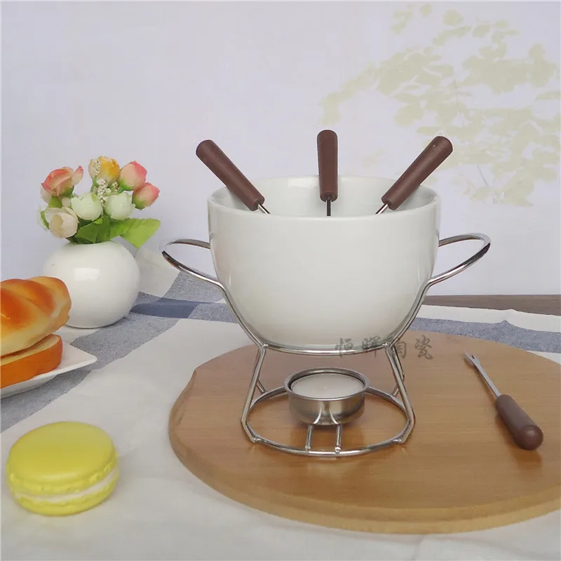 Ceramic Cheese fondue set cheese warmer chocolate pot on a metal stand