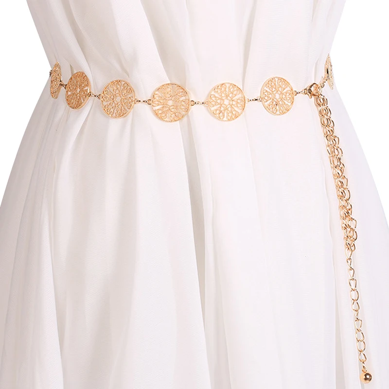 

Fashion Ladies Luxury Coin Belts For Women Designer Hollow Gold Waist Chain Belt Woman Dress Metal Golden Silver Ring Belt 245