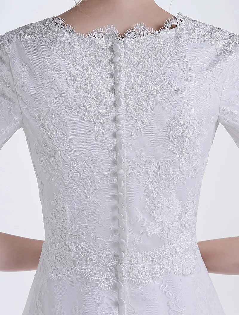 Настоящее белое длинное ТРАПЕЦИЕВИДНОЕ кружевное скромное свадебное платье с 3/4 рукавами, аппликацией, v-образным вырезом, длиной до пола, платья для невесты