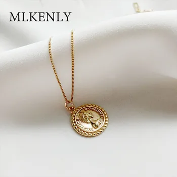 

MLKENLY 925 Sterling Silver Gold Color Coin Pendant Necklaces for Women Elizabeth Round Choker Boho Charms Initial Necklace