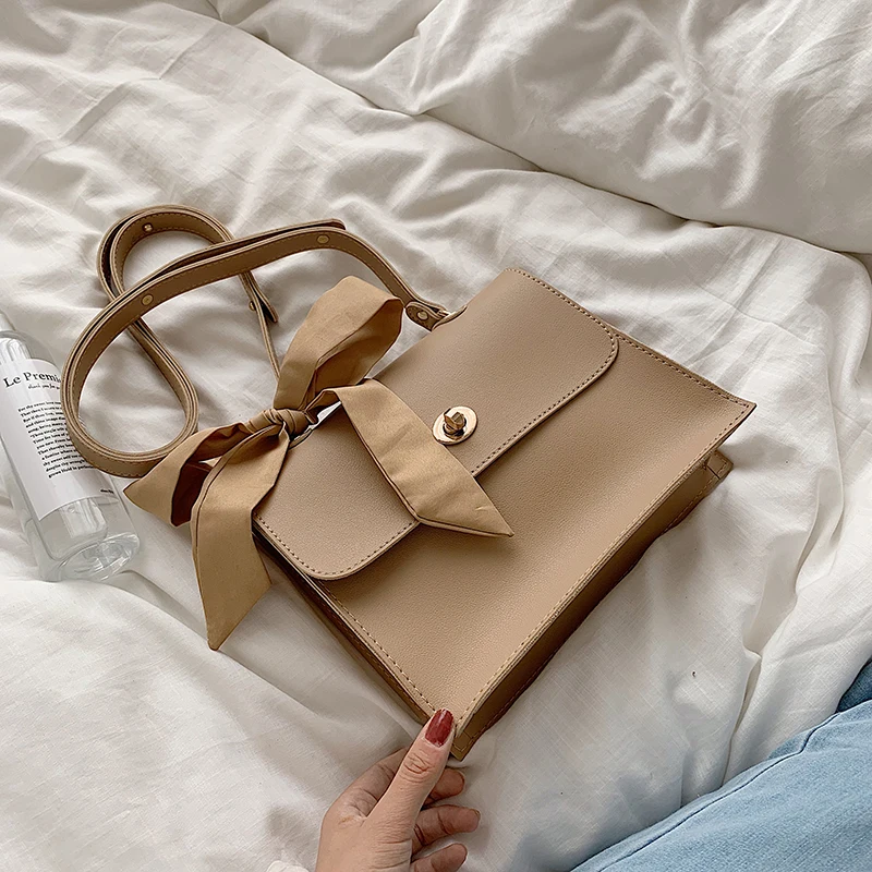 Elegant Female Ribbon Bow Flap Square bag New Quality PU Leather Women's Designer Handbag Travel Shoulder Messenger Bag - Color: Khaki