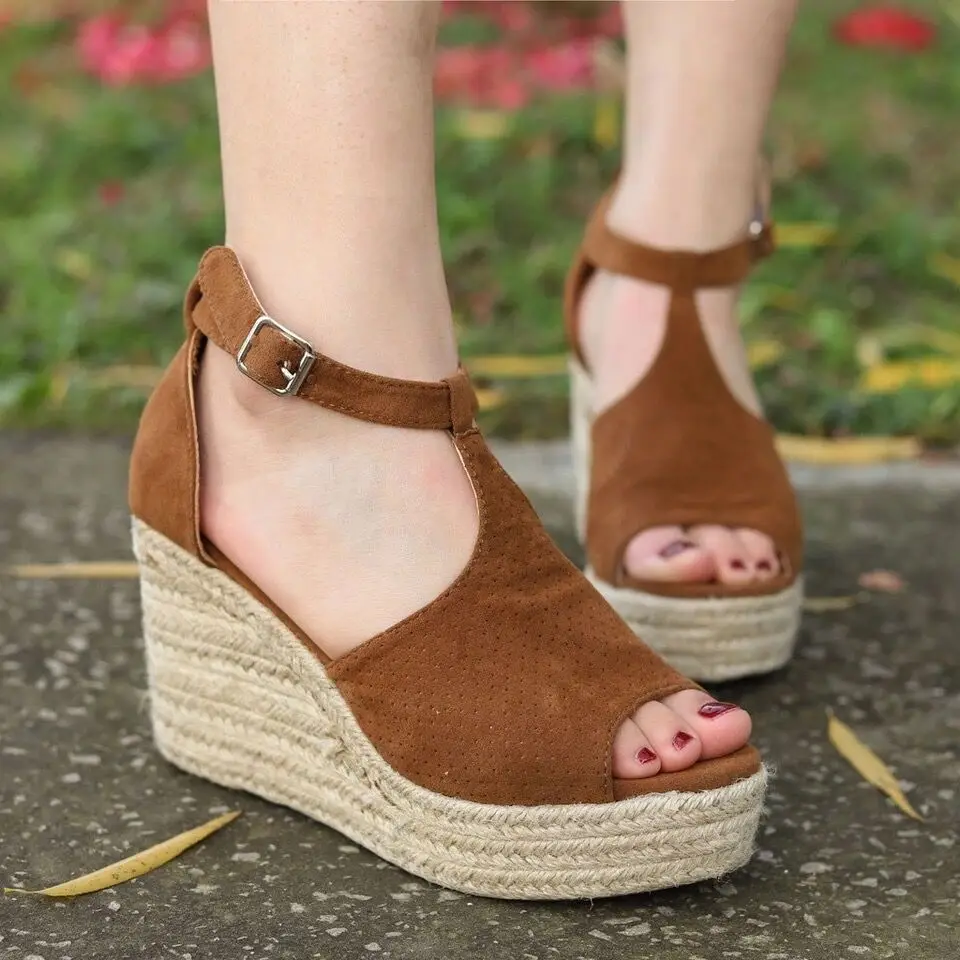

platform open toe sandals women wedges shoes 2019 summer woman casual shoe high heels with buckle sandailas mujer flax hemp