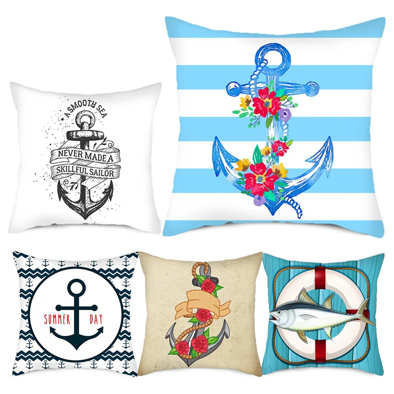 

Fuwatacchi Sea Blue Compass Printed Cushion Cover Anchor Pattern Marine Ship Throw Pillow Case Decorative Pillowcase Cojines