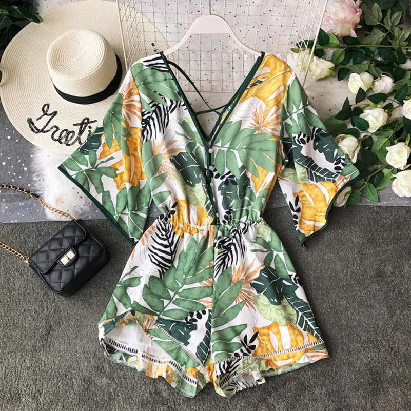 Boho Short Women Jumpsuit Beach V Neck Backless Korean Sexy Chiffon Tunic Floral Print Plus Size Summer Women Overalls Rompers Boho Short Women Jumpsuit Beach V Neck Backless Korean Sexy Chiffon Tunic Floral Print Plus Size Summer Women Overalls Rompers