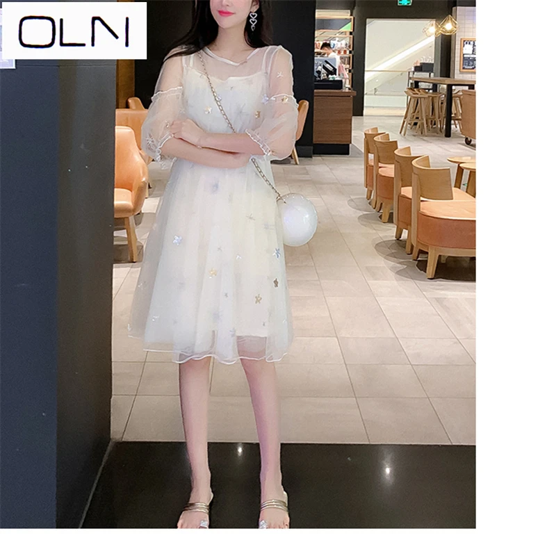 

Dress OLN Korean Korean vestidos style seven points Lantern the sequin mesh two-piece dresses Lady A Line Red dresses