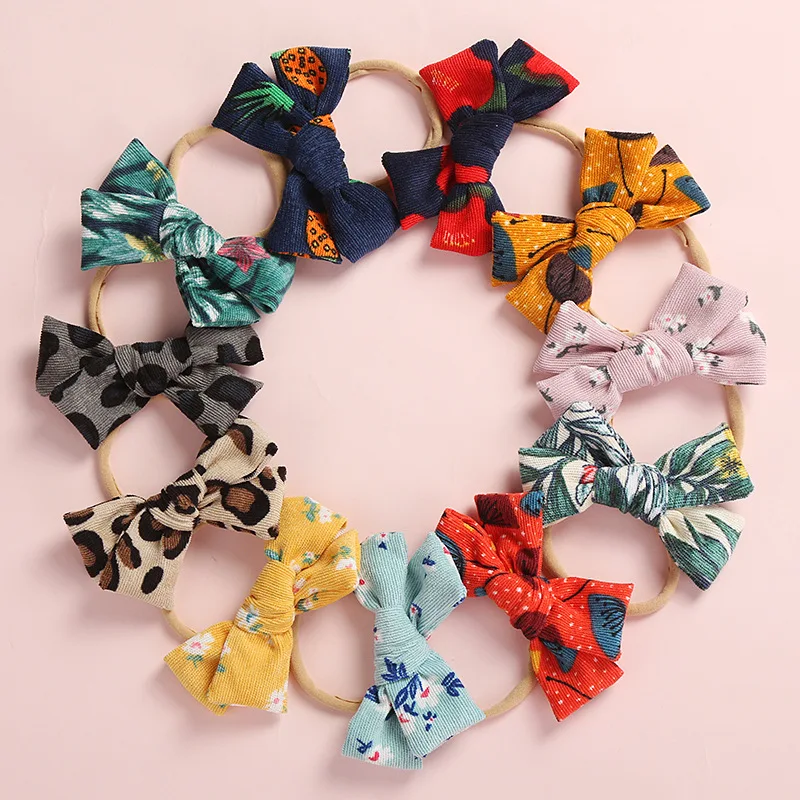 

11 pcs/lot, Floral Print Handtied Corduroy Bow Nylon Headbands or Hair Clips, Baby Girls Hair Accessory