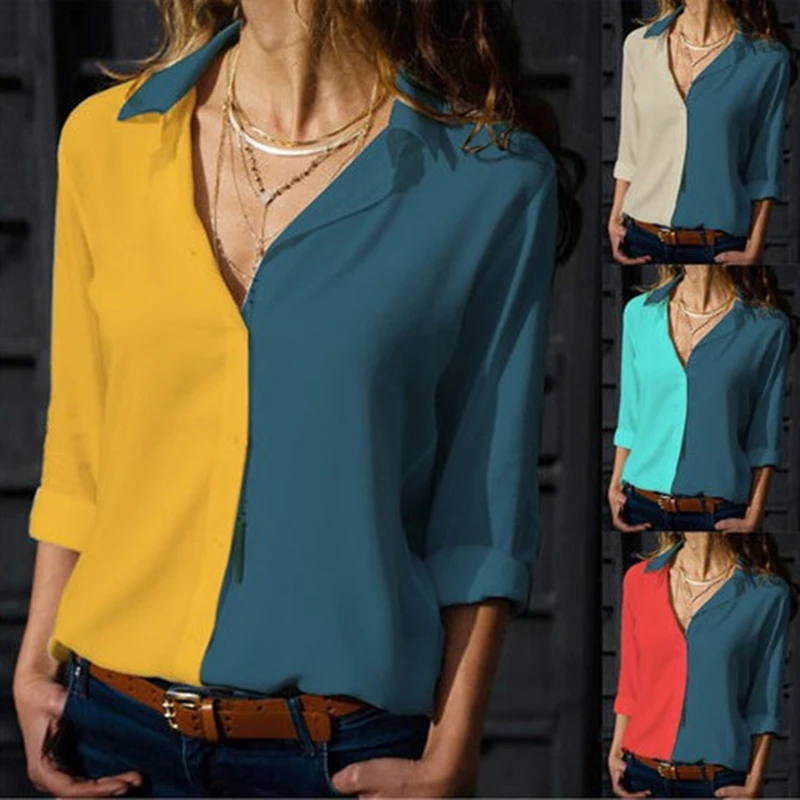

New Arrival Women Summer Shirts Long Sleeve V-neck Shirts Patchwork Lapel Button Casual Tunic Tops