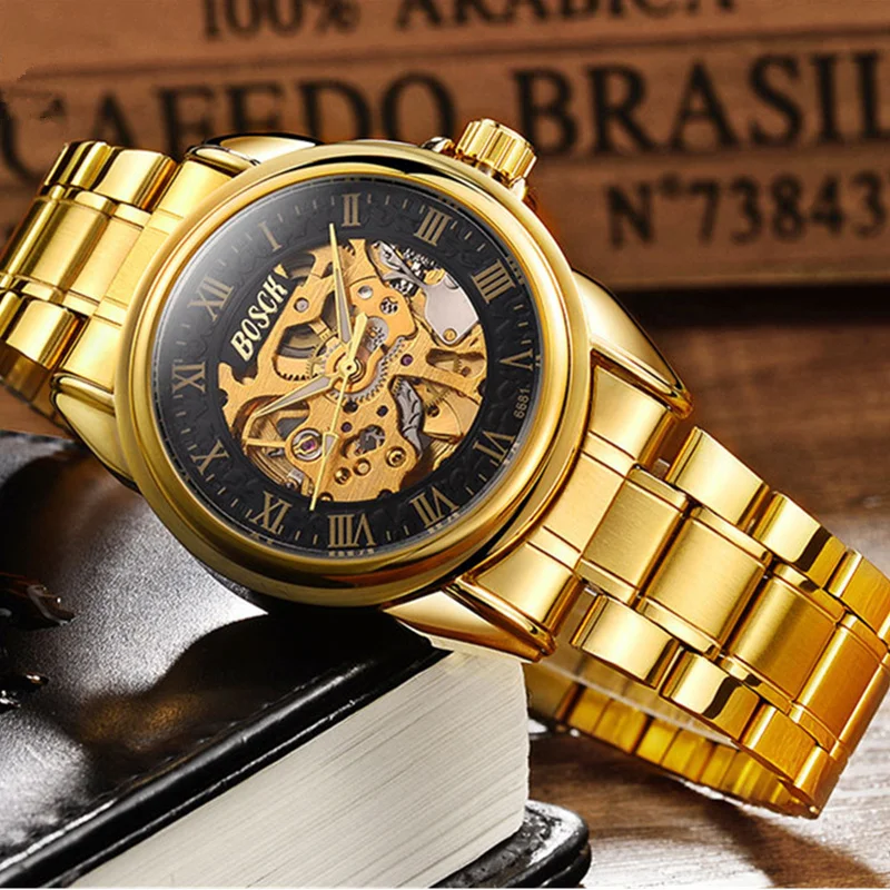 

BOSCK Brand Luxury Gold Automatic Mechanical Watch Men Skeleton Watch Waterproof Self Winding Watches Male Clock Horloges Mannen
