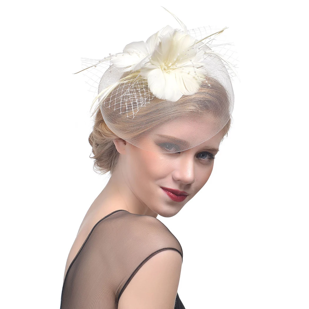 Женская Очаровательная камбриковая Коктейльная шляпа, повязка на голову, повязка на голову для девушек, Свадебная вечеринка, головной убор, аксессуары для волос в винтажном стиле - Color: Ivory