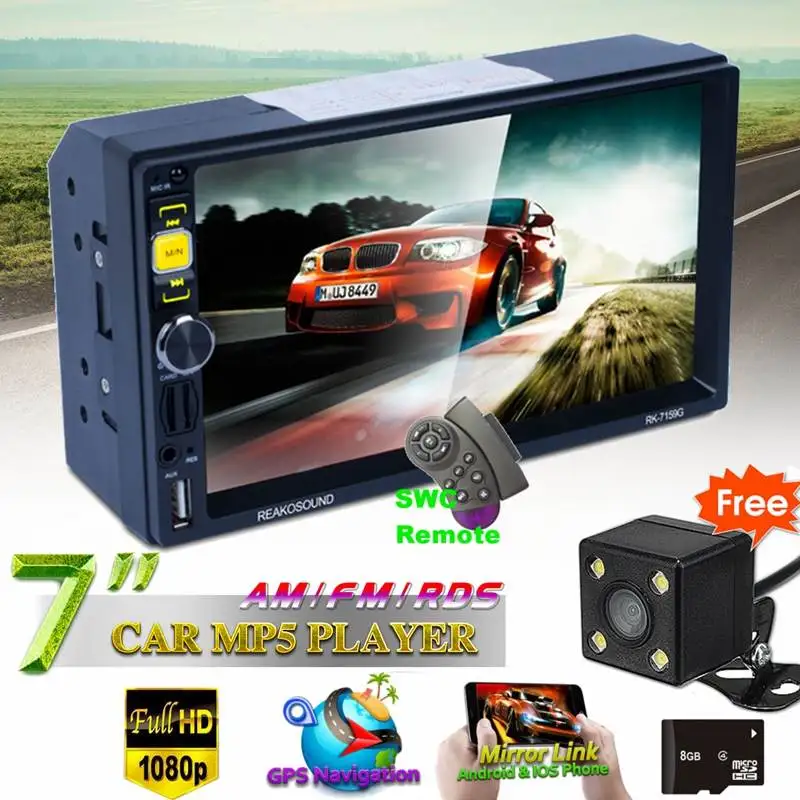 

7'' GPS HD MP3 MP5 Player Stereo Radio bluetooth FM RDS Quick Charge Mirror Link Cam SWC Remote