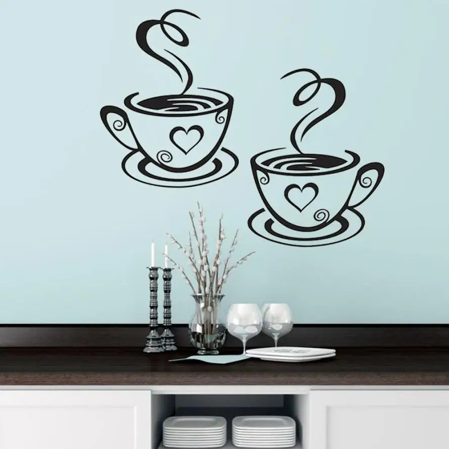 2017 NEW Coffee Cups Kitchen Wall Stickers Cafe Vinyl Art Decals Pub