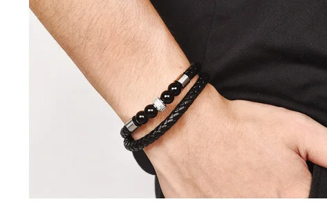 Jiayiqi New Fashion Leather Beaded Bracelet For Men Women Braided Leather Rope Bangles Natural Stone Beads Punk Rock Men Jewelry