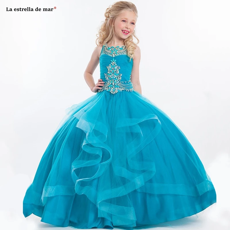 

Kids flower girl dress2019 new O Neck tulle crystal fluffy turquoise ball gowns for girls Floor Length pageant dresses for girls