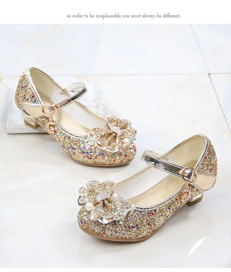 ULKNN Princess Kids Leather Shoes For Girls Flower Casual Glitter Children High Heel Girls Shoes Butterfly Knot Blue Pink Silver