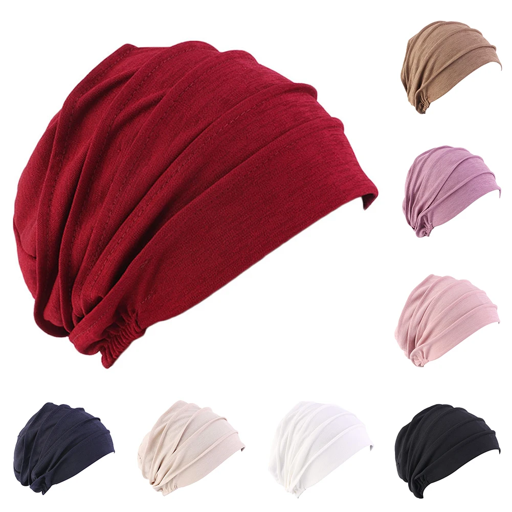 

2019 Women's Thicken Stretchy Cotton Hijabs Turban Elastic Head Wrap Elegant Loose Solid Color Ladies Chemo Hat Muslim Scarf Cap