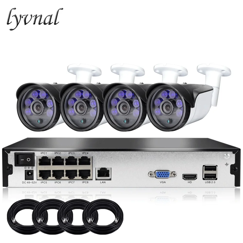 

LYVNAL 4ch poe system h.265 h.264 Security Camera poe 1080p 2mp hd video 8ch poe nvr kit plug and play p2p onvif 4pcs 20m cable