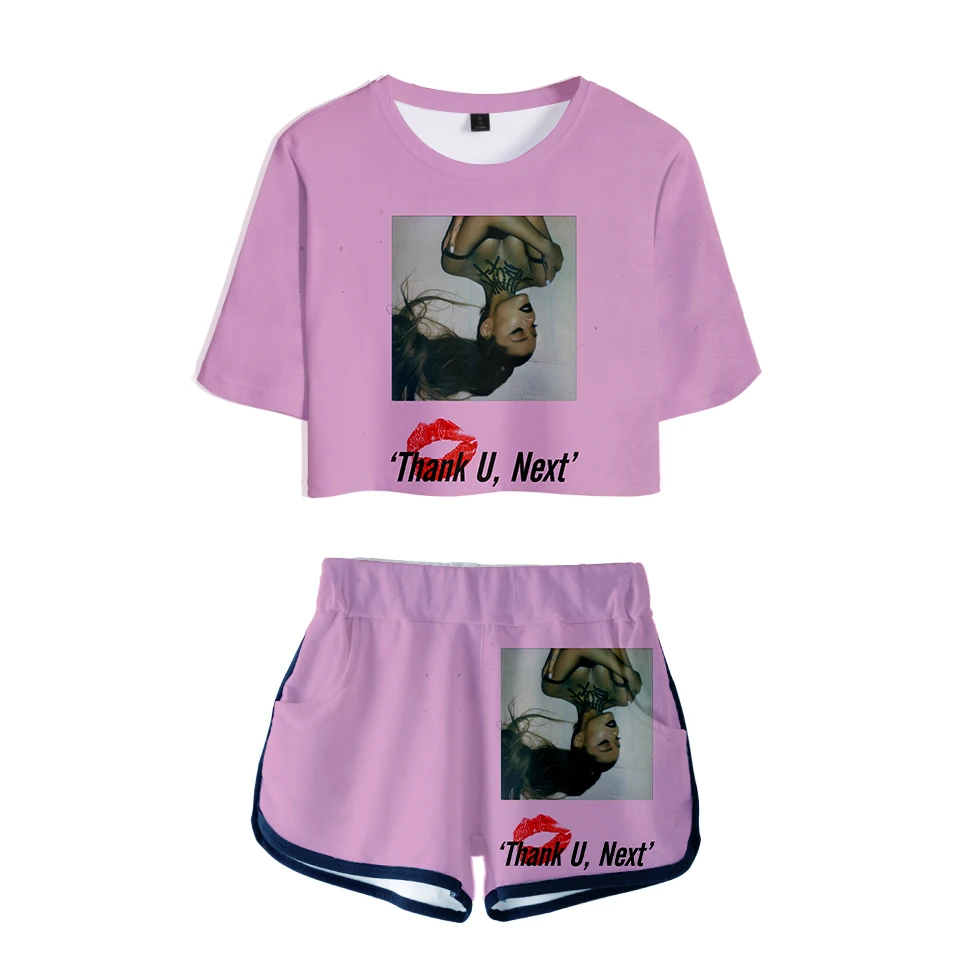 

3D Ariana Grande navel Tshirt Two Piece Set + Short Pants Fashion Dew navel t shirt Girl Leisure Sets