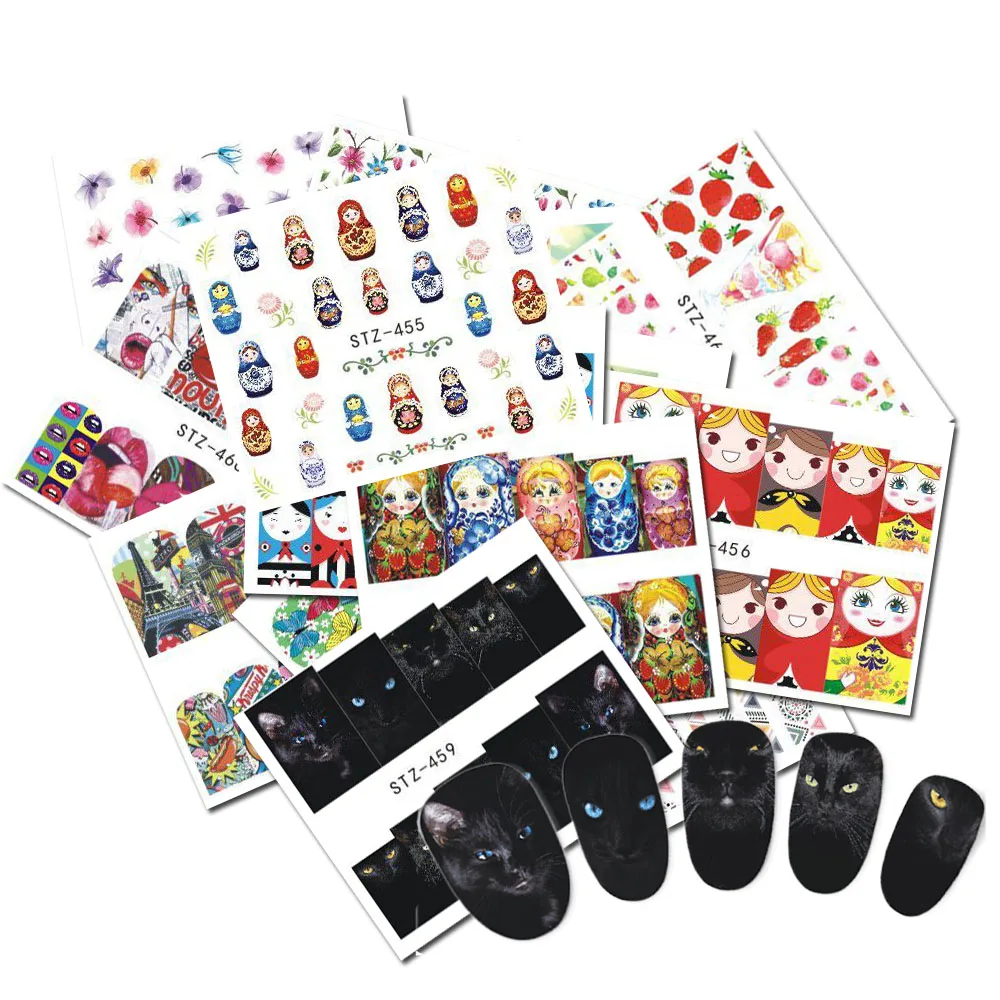 

15pcs Water Decals Nail Sticker Sets Slider Flower Animal Black Cat Russian Doll Strawberry Full Summer Nail Tool TRSTZ455-469