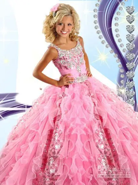 New arrival gorgeous pink ruffles organza girl party ball gowns spaghetti straps sequins beaded floor length girl's pageant dresses RG 6454