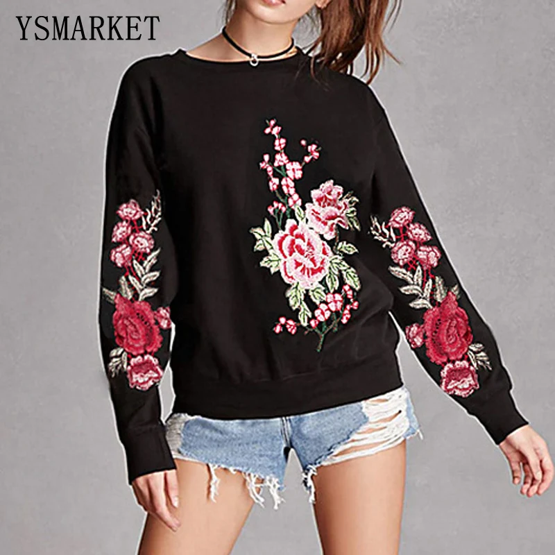 Ysmarket Роза Вышивка Толстовка Для женщин в винтажном стиле, с длинным рукавом осень пуловер Новинка 2017 года аппликация Повседневное o