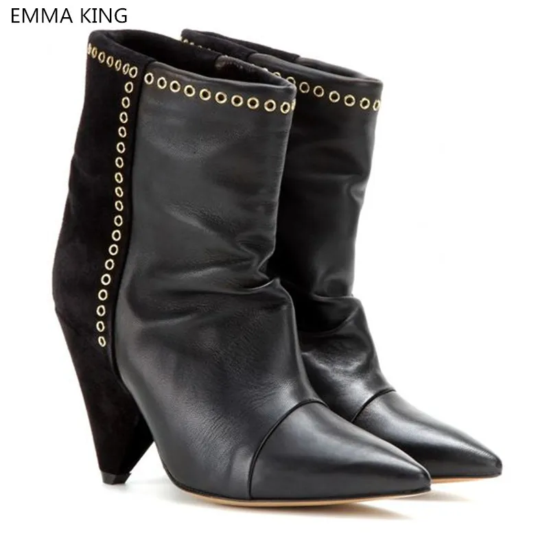 EMMA KING/женские ботильоны с острым носком, украшенные металлическими украшениями, пикантная обувь без шнуровки на высоком каблуке-шпильке
