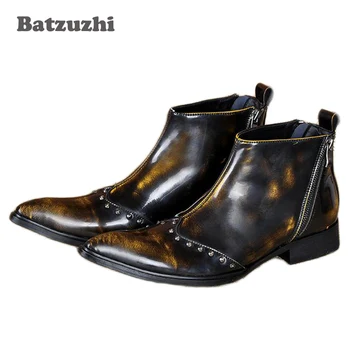 

Batzuzhi Fashion Designer High Top Men Leather Boots Shoes Pointed Toe Zip Bronze Men Ankle Boot, Big Size d38-46!