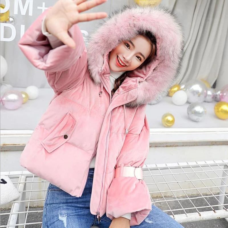 

Velvet Bubble Coat Parka Women Puffy Jacket Fur Parka Down Jacket Exaggerated Solid Short Thick Bubble Coat Fur Collar Short
