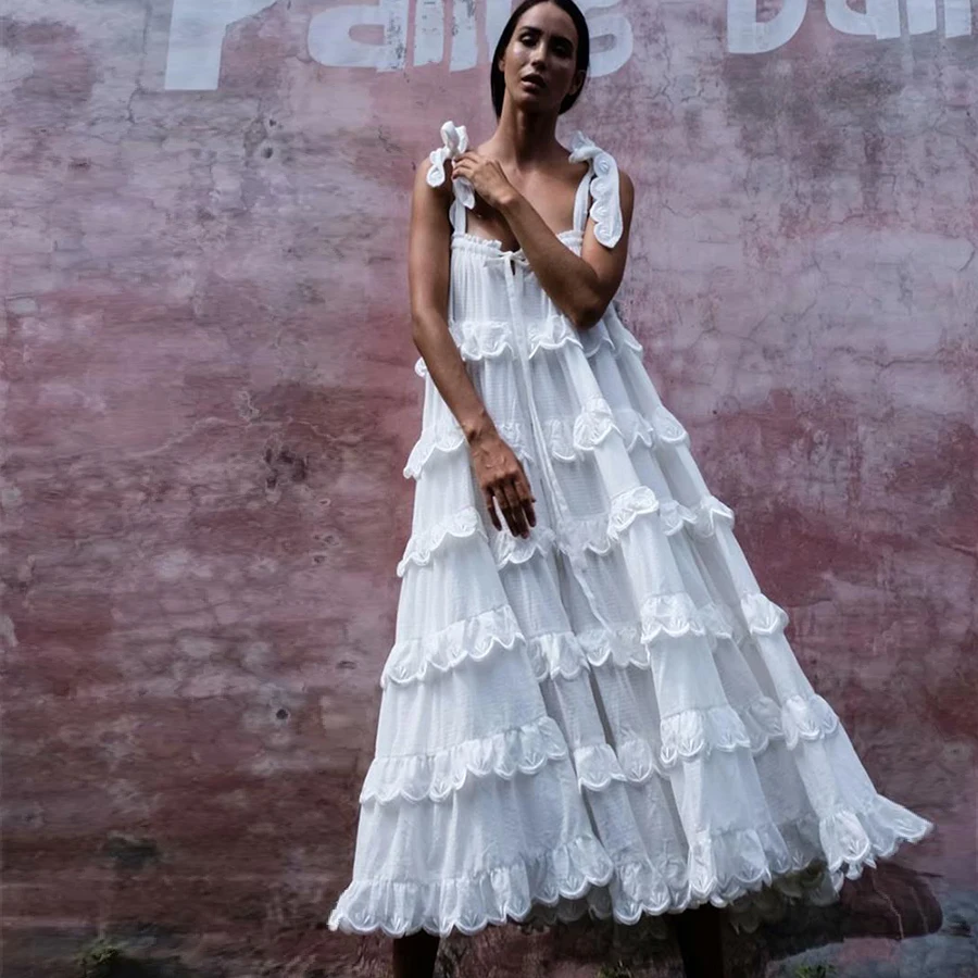 

KHALEE YOSE White Summer Long Dress Boho Chic Holiday Dresses Womens Cotton Lace Off The Shoulder Strappy Layer Sexy Beach Dress