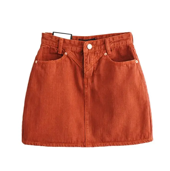 2019 Summer Women Orange Color Mini Denim Skirt High Waist Short Jeans