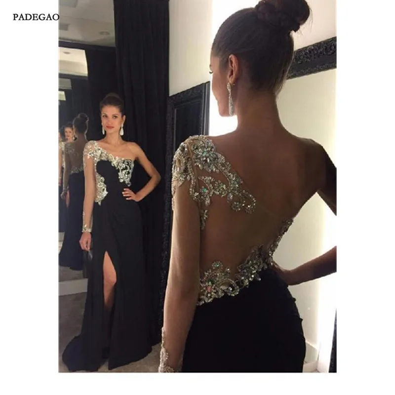 

Elegant Long Chiffon Black Evening Dresses Beading One Shoulder Side Split Evening Dress Plus Size Custom Made