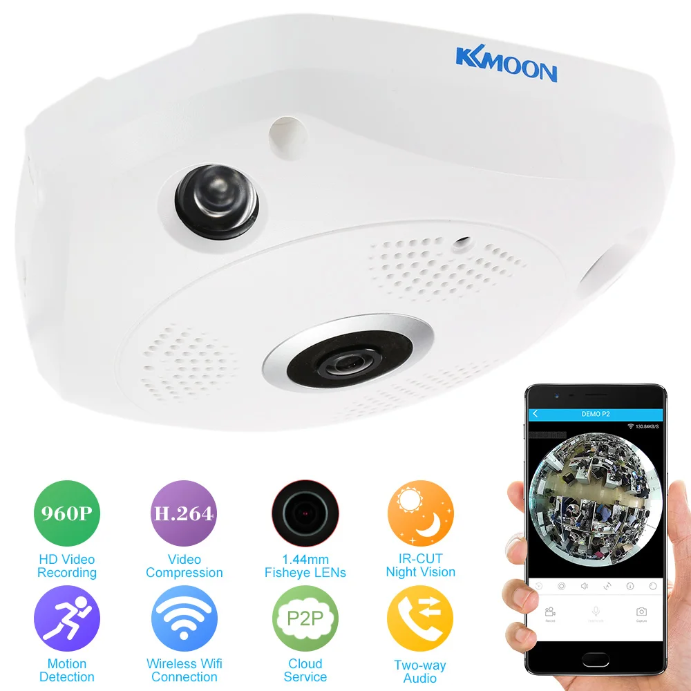 KKmoon Wireless WIFI Bullet IP Camera HD 960P 1.3MP 360 Degree Full View 1.44MM Lens Night Vision CCTV Security Camera ONVIF P2P