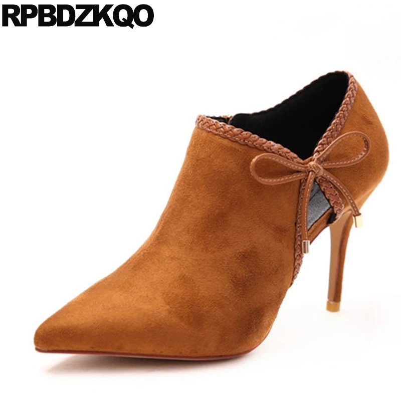 Suede Sandals Brown High Heel Pointed Toe Cut Out Stiletto Casual Booties Shoes Short 2017 Side Zip Boots Bow Ankle Female