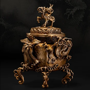 

OGRM Crafts Bronze Dragon Phoenix Kylin Burner Incense Chinese Feng Shui Mascot Ming Qing Dynasties Classical Incense Figure