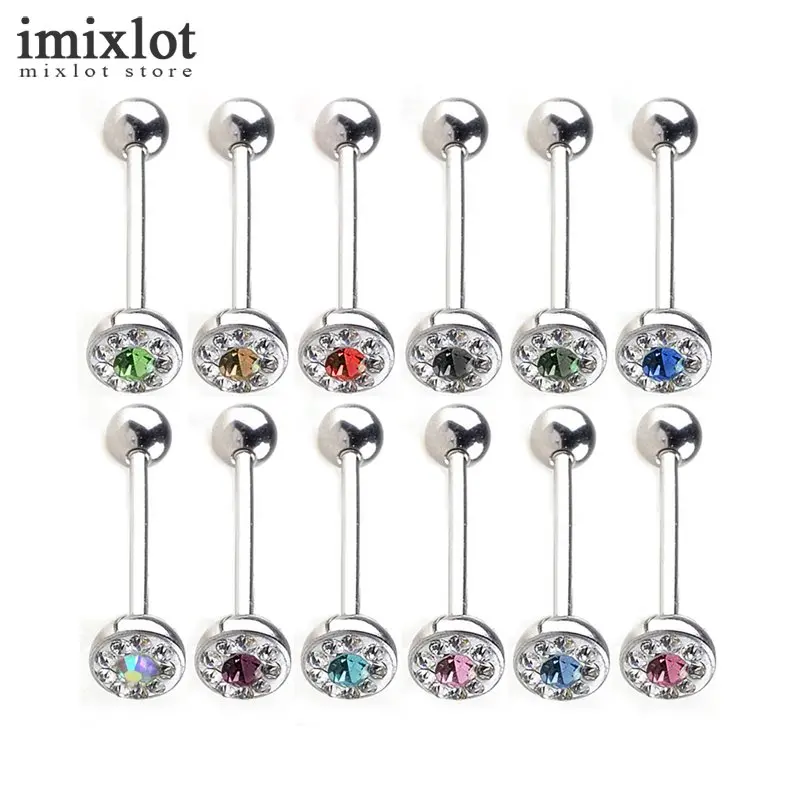 Imixlot 12pcs Mix CZ Crystal Tongue Ring 316L Stainless Steel Barbell